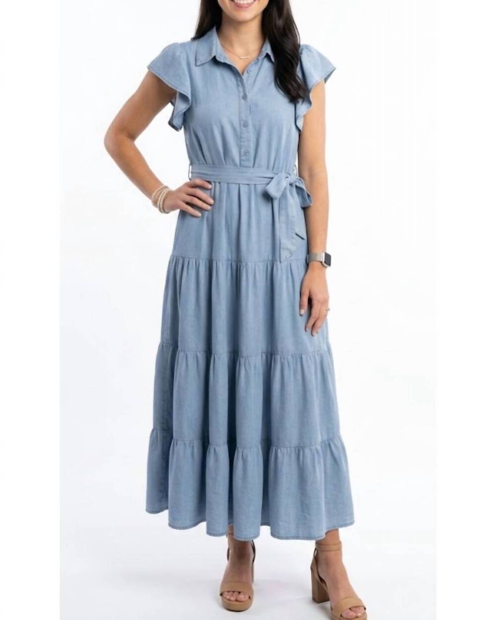 NEW MIKAROSE flutter sleeve tiered dress in blue harbor